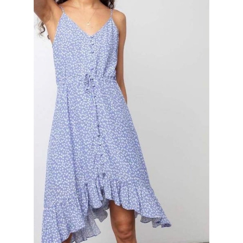Rails Blue Floral Button Down High Low Midi Dress Medium Drawstring Waist Ruffle